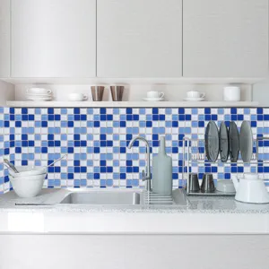 Détail autocollant mur cuisine, motif carreau mosaïque bleu blanc 3D, PVC déco maison.
