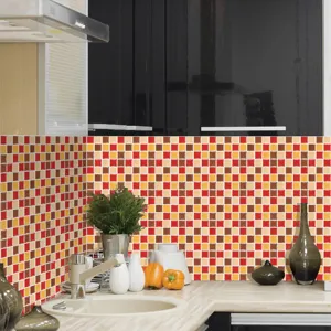 Vue détaillée de l'adhésif de carrelage mosaïque 3D en cuisine, motif coloré et lumineux.
