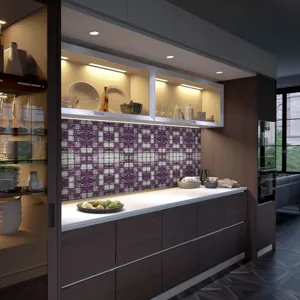 Vue détaillée d'un autocollant de carreaux mosaïque 3D pour crédence, déco DIY adhésive.