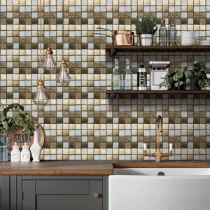 Vue détaillée de l'autocollant de carreaux de mosaïque 3D, étanche autocollant déco mur.