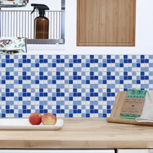 Autocollants de carrelage mosaïque 3D bleu et blanc étanche PVC décoration murale cuisine