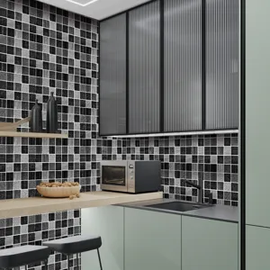 Détail de l'autocollant de carrelage mural mosaïque 3D moderne, décor de cuisine à carreaux.