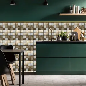 Détail de sticker de carrelage mosaïque 3D, papier peint adhésif étanche cuisine.