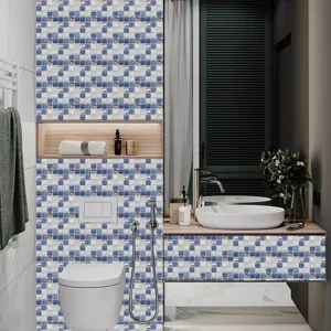 3D Bleu Blanc Mosaïque Carrelage Autocollant PVC Sticker Mural Salle de Bain DIY