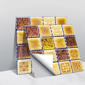 Détails de l'autocollant mural carrelage mosaïque 3D adhésif, design rétro jaune et brun.