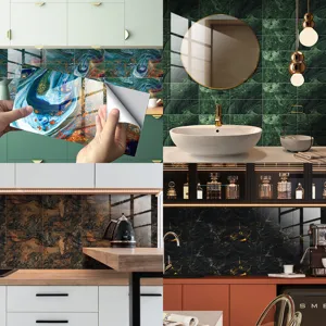 Detailed view of waterproof marble peel and stick tile stickers for kitchen wall decor update.