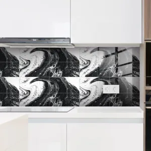 Detail view of black and white marble pattern kitchen wall sticker with crystal film protection.