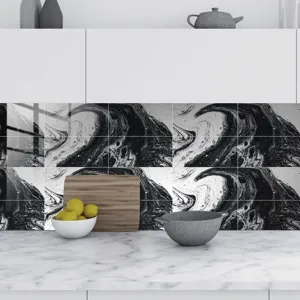 Detailed close-up view of black and white marble pattern tile sticker for kitchen.