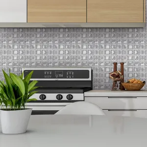 Detail shot of 3D mosaic kitchen backsplash tile sticker, grey self-adhesive PVC wall decor.