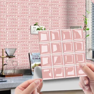Pink 3D mosaic tile sticker self-adhesive waterproof PVC wall decor DIY home improvement