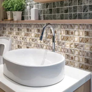 Detailed view of 3D mosaic tile wall sticker in a modern bathroom scene, waterproof PVC material.