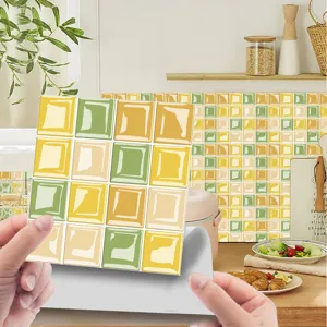 Detailed view of self-adhesive 3D mosaic tile wall sticker, peel and stick kitchen decor.
