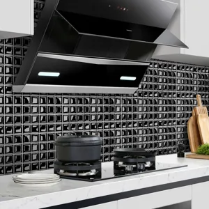 3D black mosaic tile wall sticker, self-adhesive PVC DIY wallpaper for kitchen backsplash decor.