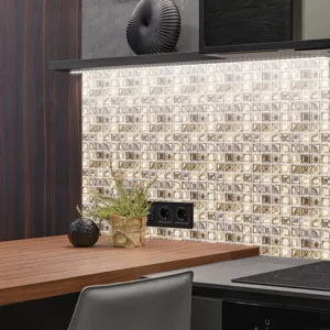 Detail shot of 3D mosaic tile sticker, self-adhesive PVC wall decor for kitchen backsplash.