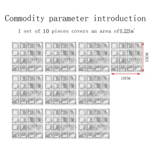Detailed view of 3d mosaic tile stickers, showing 15x15cm size and coverage specifications.