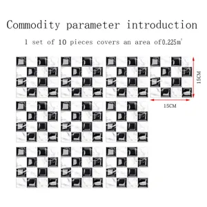 3D black white mosaic tile stickers self adhesive PVC wall decor 10 pieces 15x15cm cover 0.225sqm