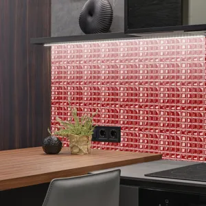 Detailed view of red white gradient 3d mosaic tile sticker self adhesive pvc wall decor.
