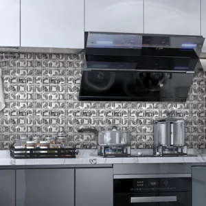3D self-adhesive mosaic tile stickers for modern kitchen wall decor, waterproof PVC.