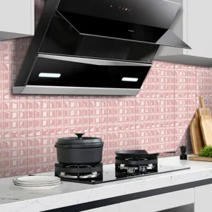 Kitchen wall detail featuring pink 3D mosaic tile stickers, waterproof self-adhesive PVC.