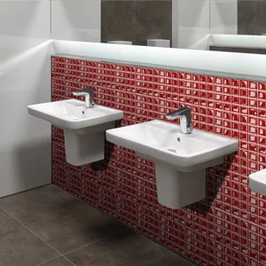 Detailed view of red 3d mosaic wall tile stickers in a modern bathroom washbasin scene.