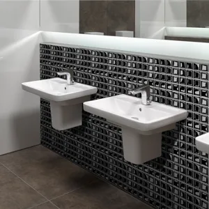 Close-up detail view showing the modern black and white 3d mosaic tile sticker texture on wall.