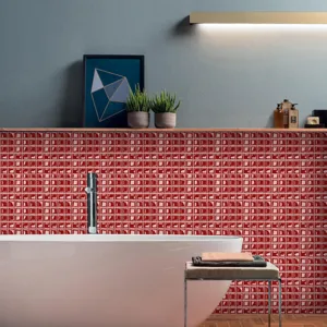Red 3D mosaic tile sticker, self-adhesive waterproof PVC wall sticker for home interior decor.
