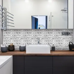 Detailed view of grey 3d mosaic wall tile sticker, waterproof self adhesive pvc decor.