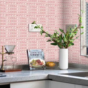 Pink 3D mosaic wall sticker self-adhesive PVC tile for kitchen and bathroom decor detail.