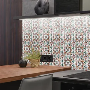 Close-up detail shot of 3d mosaic tile stickers in modern kitchen wall decor scene.