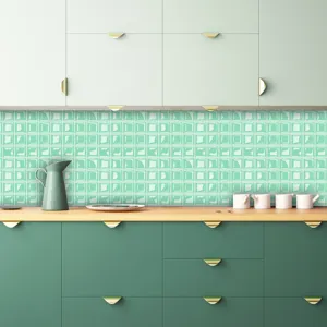 Detail view of 3D mosaic tile sticker, self-adhesive PVC wall decor for kitchen home.