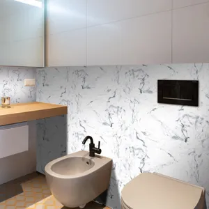 Adesivo per piastrelle effetto marmo vista dettaglio moderna decorazione parete bagno.