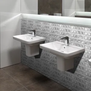 Detailed view of silver 3D mosaic tile wall sticker in modern bathroom interior decor.