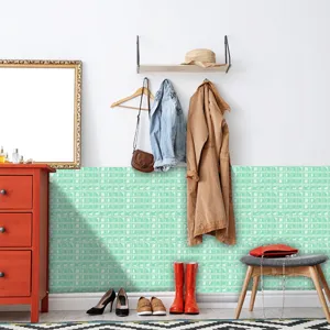 Green 3D mosaic tile wall sticker applied in entryway scene, PVC self adhesive home decor.