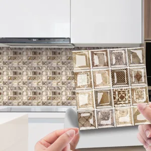 Details of the 3d mosaic tile sticker, self-adhesive pvc wall sticker with retro brown pattern.