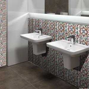 Self-adhesive 3D mosaic tile sticker DIY removable PVC wall decor for bathroom detail.