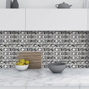Black and white 3d mosaic tile sticker detail, self-adhesive kitchen backsplash decor.