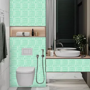 Mint green 3d mosaic wall tile sticker detail, waterproof self adhesive pvc decor for bathroom.