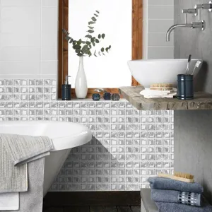 3D mosaic tile stickers waterproof self-adhesive DIY wall decor for bathroom kitchen home.