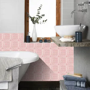 Pink 3D mosaic tile sticker, waterproof self-adhesive PVC wall decor for bathroom kitchen.