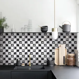 Modern black and white 3D mosaic tile wall sticker detail showing kitchen backsplash design.