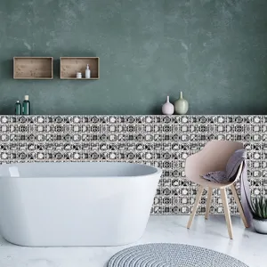 Self-adhesive 3D mosaic tile stickers for bathroom wall decor, waterproof PVC.
