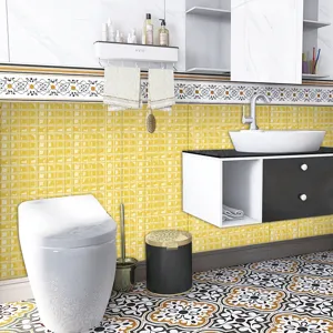 Bathroom scene detail of 3D yellow mosaic tile sticker, self-adhesive PVC wall decor.