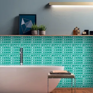 Detail view of 3D mosaic tile sticker, self-adhesive waterproof PVC wall decor for bathroom.