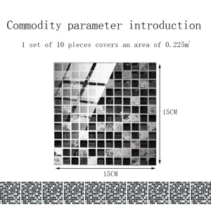 Vista dettagliata dell'adesivo per piastrelle a mosaico con dimensioni di 15cm e specifiche.