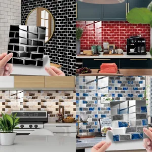 Dettaglio adesivo piastrelle mosaico cristallo mostra applicazione per parete cucina.