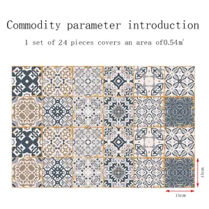 Vista dettagliata di 24 adesivi per piastrelle mandala, pellicola lucida, misura 15x15cm.
