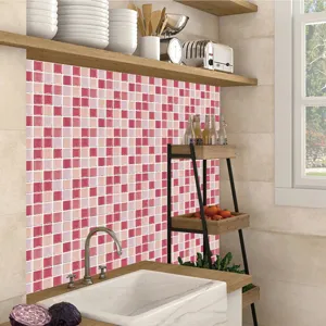 Autocollant de carrelage mosaique rose pour credence de cuisine, etanche et adhesif.