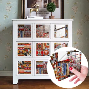 Detail view of Moroccan vintage tile stickers showing colorful boho patterns and adhesive backing.