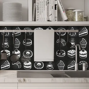Kitchen tile sticker detail view, vintage chalkboard black & white baking pattern for wall decor.