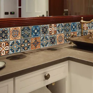 Vista detallada de pegatinas de azulejos vintage decorativos, protector de pared adhesivo.